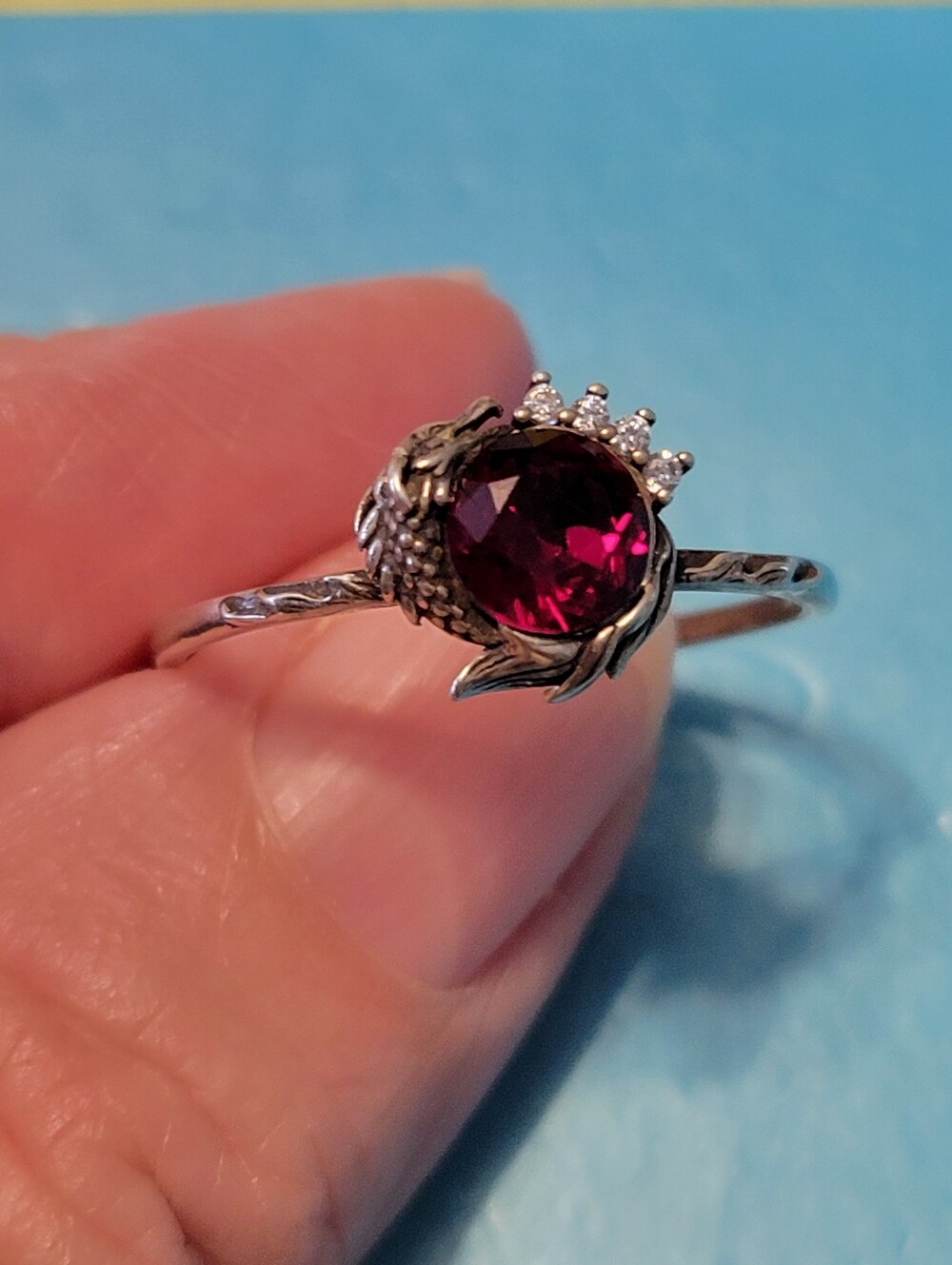 Silver Dragon Ring with Deep Pink Gemstone